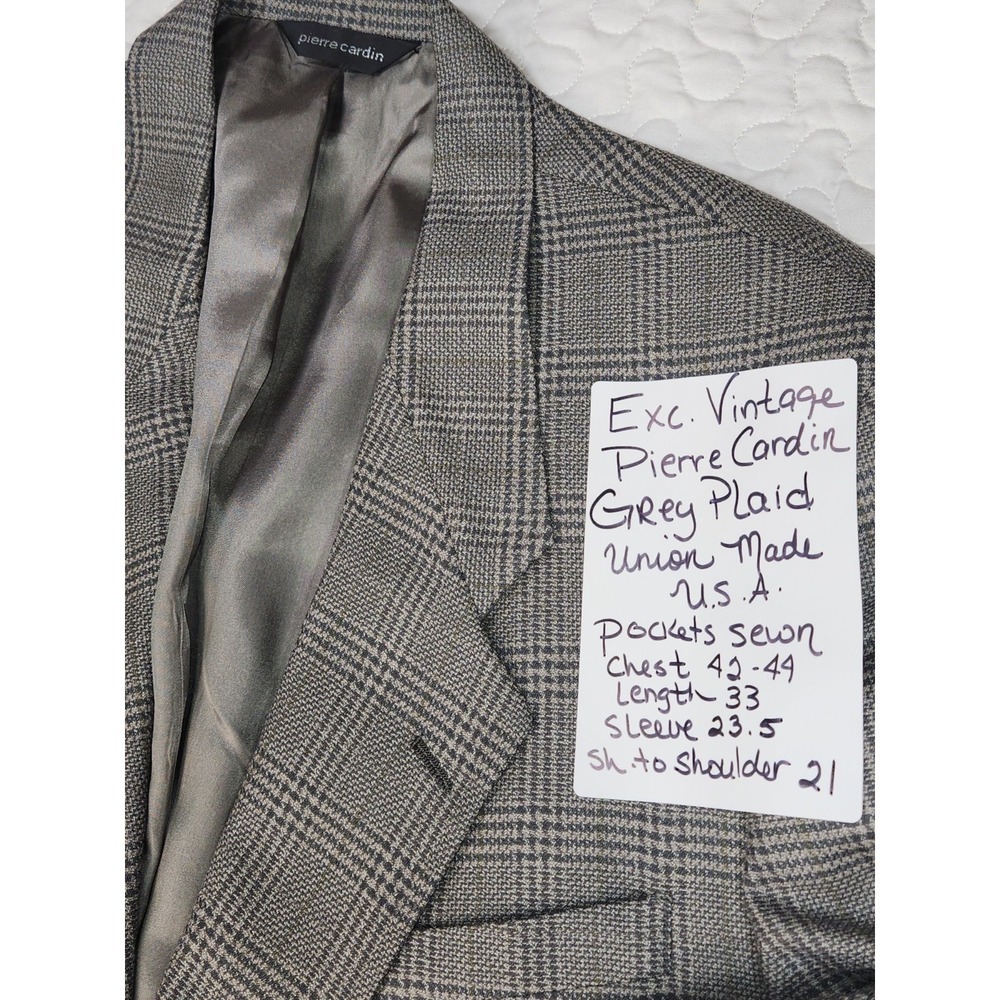44 46 Vintage 90s PIERRE CARDIN Grey Men's Blazer Plaid Suit Coat Designer exc.